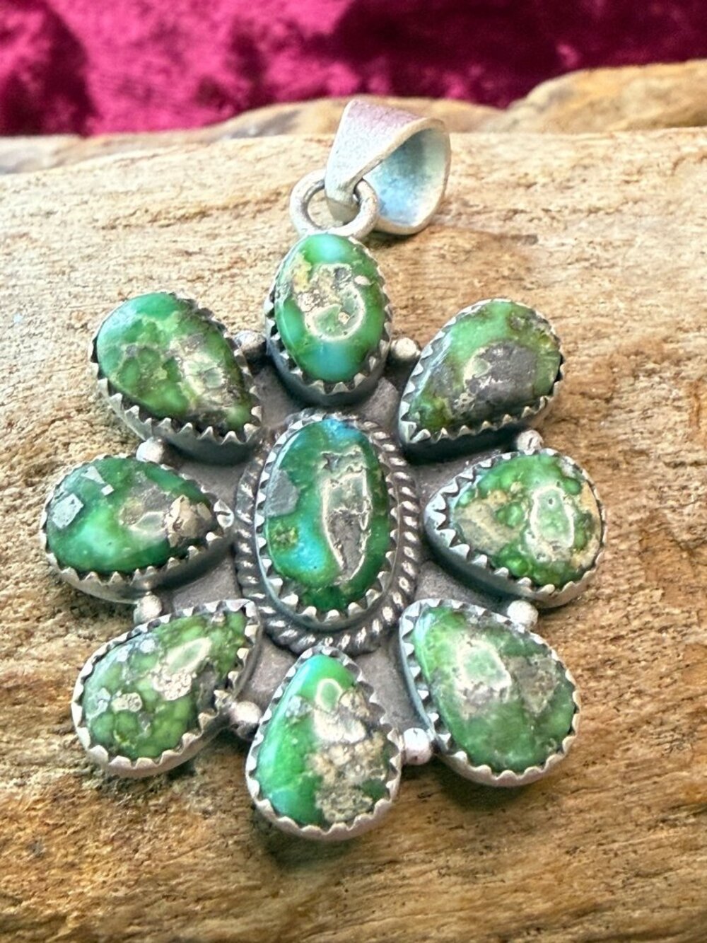 Sonoran Gold Turquoise Sterling Silver Pendant Flower Design 9.86g Handmade